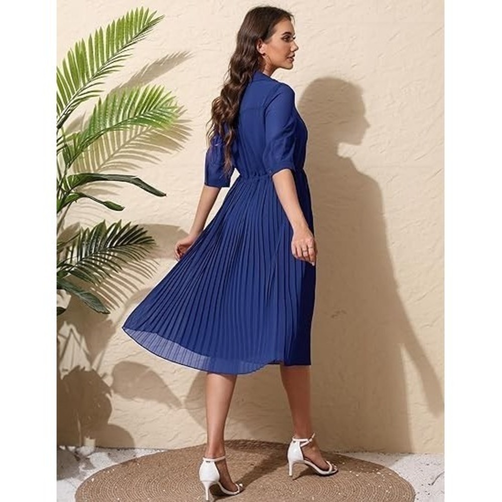 NWT Women V Neck 3/4 Sleeve Pleated A-Line Midi Dress w/Belt - Royal Blue SZ L - Picture 3 of 3